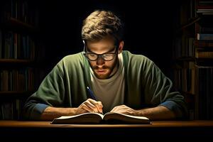 Handsome man, an author writing on a book at library. photo