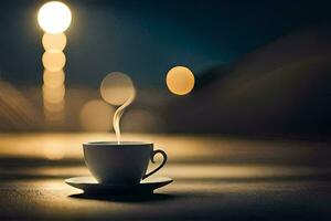 a cup of coffee on a table in front of a blurry background. AI-Generated photo
