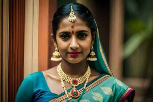 a beautiful indian woman wearing a traditional sari. AI-Generated photo