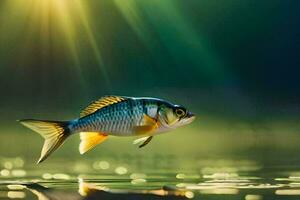 un pescado es nadando en el agua con luz de sol brillante. generado por ai foto