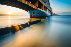 un largo exposición foto de un Embarcacion debajo un puente. generado por ai