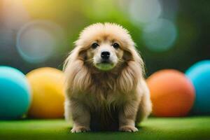 un perro sentado en frente de vistoso pelotas. generado por ai foto