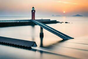 a long exposure photograph of a lighthouse at sunset. AI-Generated photo