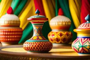 colorful vases on a table with colorful curtains. AI-Generated photo