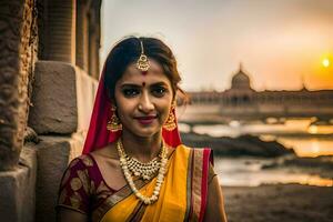 a beautiful indian woman in traditional attire poses for the camera. AI-Generated photo