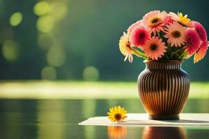 flowers in vase on table with blurred background. AI-Generated photo