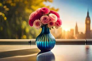 a vase with pink flowers on a table in front of a city skyline. AI-Generated photo
