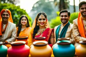 un grupo de indio Boda invitados posando para un foto. generado por ai foto