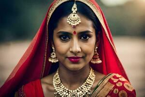 a beautiful indian woman wearing a red sari. AI-Generated photo