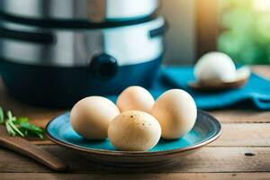 eggs on a plate next to an electric pressure cooker. AI-Generated photo