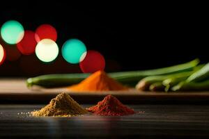 a wooden table with spices and a green pepper. AI-Generated photo