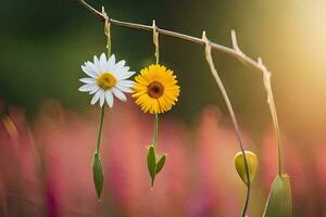 two daisies hanging from a branch in a field. AI-Generated photo