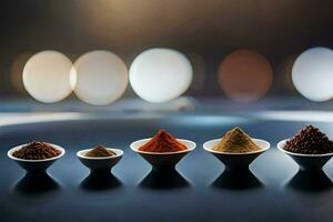 a row of different spices in bowls. AI-Generated photo