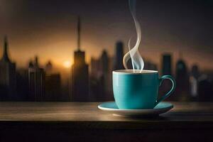 coffee cup with cityscape in the background. AI-Generated photo