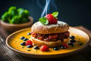 a hamburger with berries and mint on a plate. AI-Generated photo
