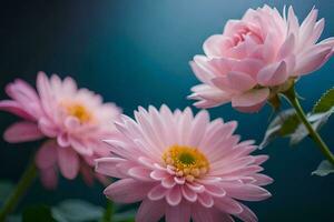 Tres rosado flores son mostrado en frente de un azul antecedentes. generado por ai foto