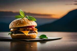 a hamburger with cheese and lettuce on a black plate. AI-Generated photo