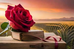 un rojo Rosa se sienta en parte superior de un de madera mesa con un puesta de sol en el antecedentes. generado por ai foto