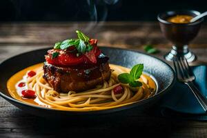 a plate of spaghetti with meat and tomatoes on a wooden table. AI-Generated photo