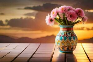 pink flowers in a vase on a table with a sunset in the background. AI-Generated photo