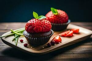 two chocolate cupcakes with strawberries on a wooden tray. AI-Generated photo