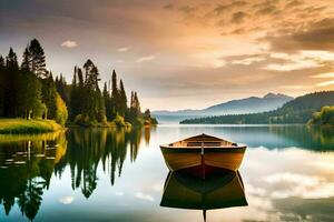 un barco es flotante en el calma aguas de un lago. generado por ai foto