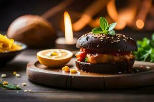 a burger with cheese, sauce and herbs on a wooden plate. AI-Generated photo