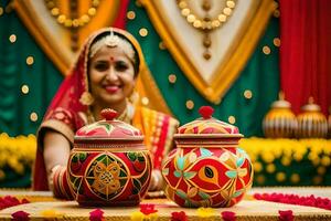 a beautiful indian bride is holding two pots on a table. AI-Generated photo