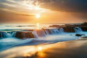 el Dom sube terminado el Oceano y un cascada. generado por ai foto