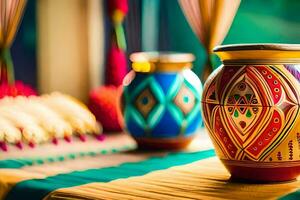 colorful vases on a table with colorful curtains. AI-Generated photo