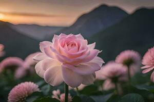 rosado rosas en el montañas a puesta de sol. generado por ai foto