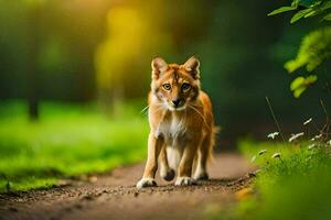 un rojo lobo caminando en un suciedad la carretera. generado por ai foto