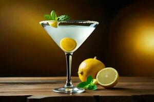 a martini with lemon and mint on a wooden table. AI-Generated photo