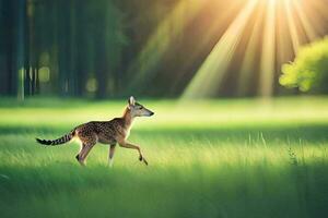 a deer running through a field with sunlight shining through the trees. AI-Generated photo