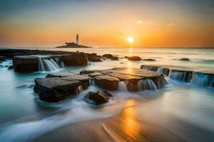 the sun sets over a lighthouse and rocks in the ocean. AI-Generated photo