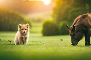 un perro y un caballo en un campo. generado por ai foto