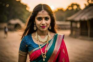 a beautiful indian woman in a traditional sari. AI-Generated photo