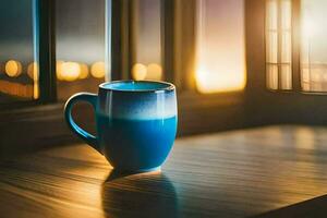 a blue mug sitting on a table in front of a window. AI-Generated photo