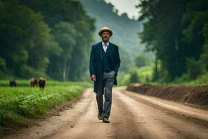 a man in a suit and hat walking down a dirt road. AI-Generated photo