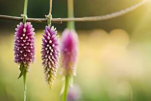 three purple flowers hang from a vine. AI-Generated photo