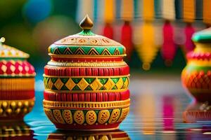 colorful diyas on a table with water. AI-Generated photo