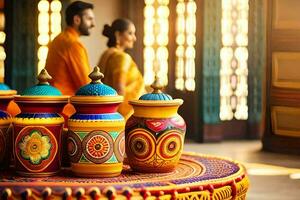 a couple in indian attire sit on a table with colorful pots. AI-Generated photo