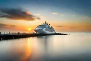 un crucero Embarcacion atracado a el muelle a puesta de sol. generado por ai foto