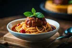 spaghetti with meatballs in tomato sauce in a white bowl. AI-Generated photo