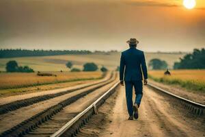 a man in a suit and hat walks down a railroad track. AI-Generated photo