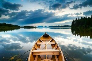 a canoe is floating on a calm lake. AI-Generated photo