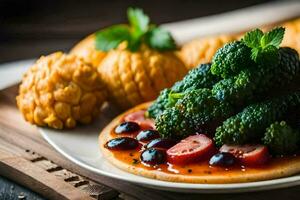 a plate with broccoli, tomatoes and other vegetables. AI-Generated photo