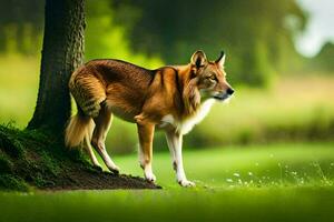 un perro es en pie en el césped siguiente a un árbol. generado por ai foto