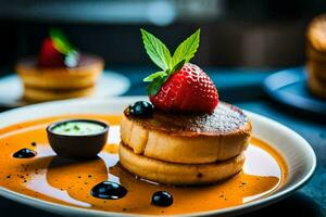 a plate with pancakes and strawberries on it. AI-Generated photo