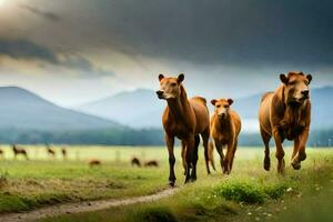 vacas corriendo en el campo. generado por ai foto